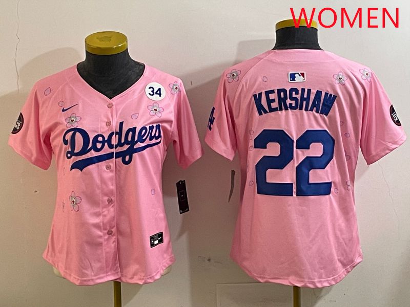 Women Los Angeles Dodgers #22 Kershaw Pink White Blue Sakura Edition 2025 Nike MLB Jersey style 8->women mlb jersey->Women Jersey